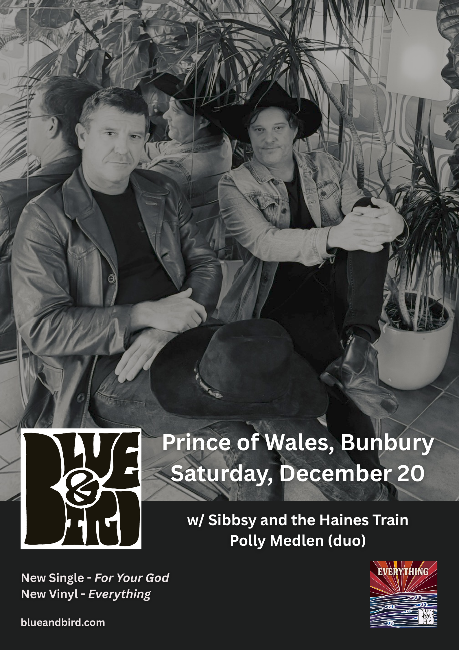 A2 promotional poster for the band Blue & Bird featuring their name and visual branding