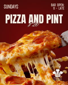 Pizza and Pint Sundays – $20 at The Prince of Wales Hotel Bunbury Close-up of a cheesy pepperoni pizza slice being lifted from a hot pizza, promoting the Pizza and Pint Sunday deal at The Prince of Wales Hotel Bunbury for $20.
