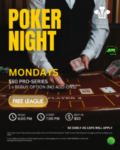 Poker Night Mondays at The Prince of Wales Hotel – Bunbury WA Dealer in waistcoat preparing cards on a poker table with bold yellow text "Poker Night Mondays" for The Prince of Wales Hotel in Bunbury.