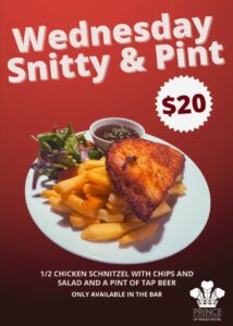 Wednesday Snitty & Pint – $20 Bar Meal Deal | Prince of Wales Hotel Bunbury Wednesday Snitty & Pint Special – Chicken Schnitzel with Chips, Salad, and Beer at The Prince of Wales Hotel Bunbury