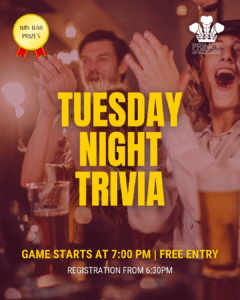 Trivia Night at Prince of Wales Hotel Bunbury Group of excited pub-goers cheering during Tuesday Night Trivia at the Prince of Wales Hotel Bunbury. Overlay text promotes trivia starting at 7:00 PM with free entry and registration from 6:30 PM.