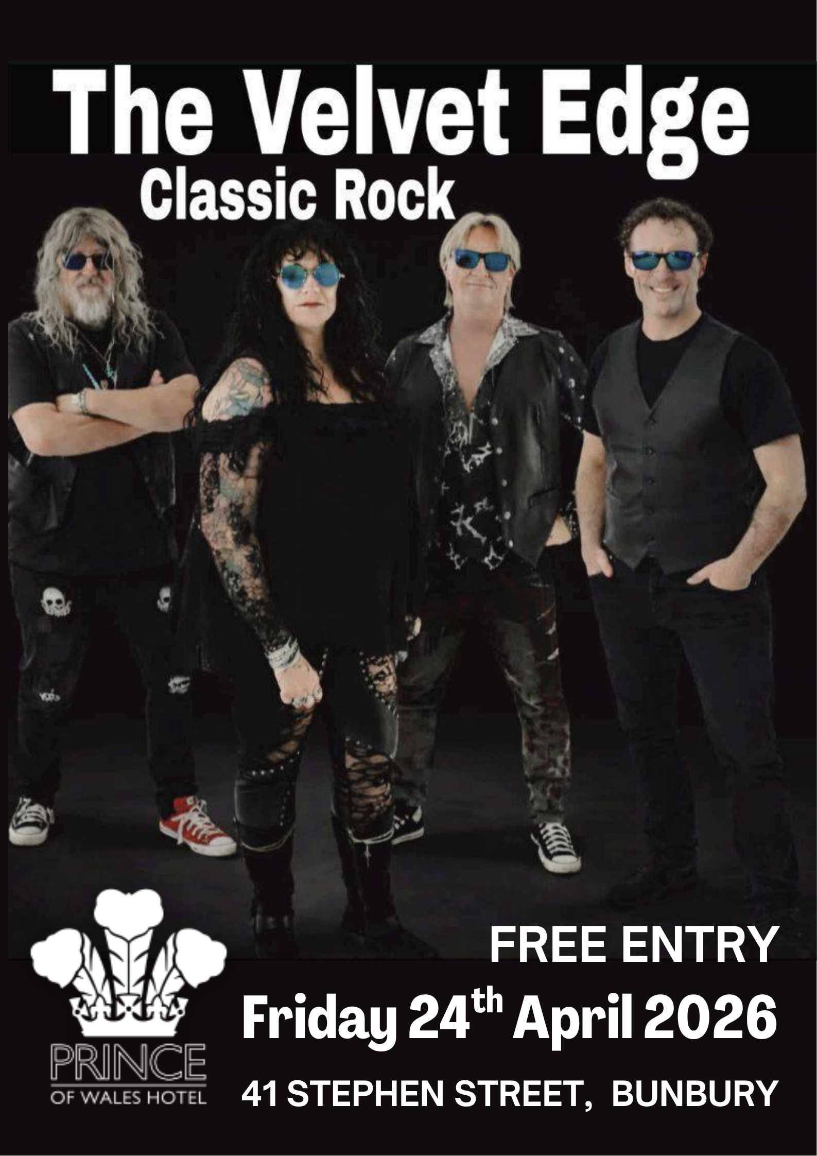Poster featuring The Velvet Edge Rock Band performing at The Prince of Wales Hotel, Bunbury