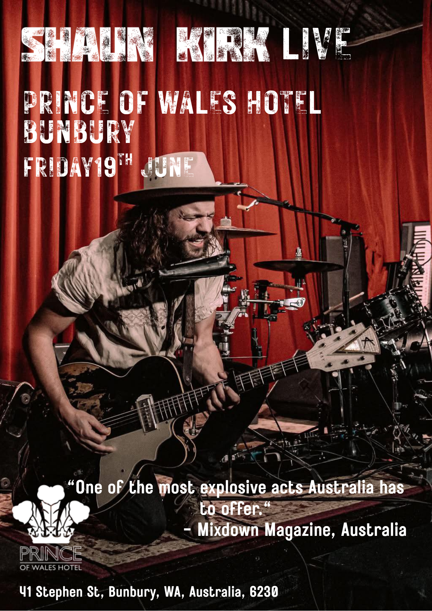 Shaun Kirk performing live blues and soul music at Prince of Wales Hotel Bunbury, award-winning Australian musician on stage